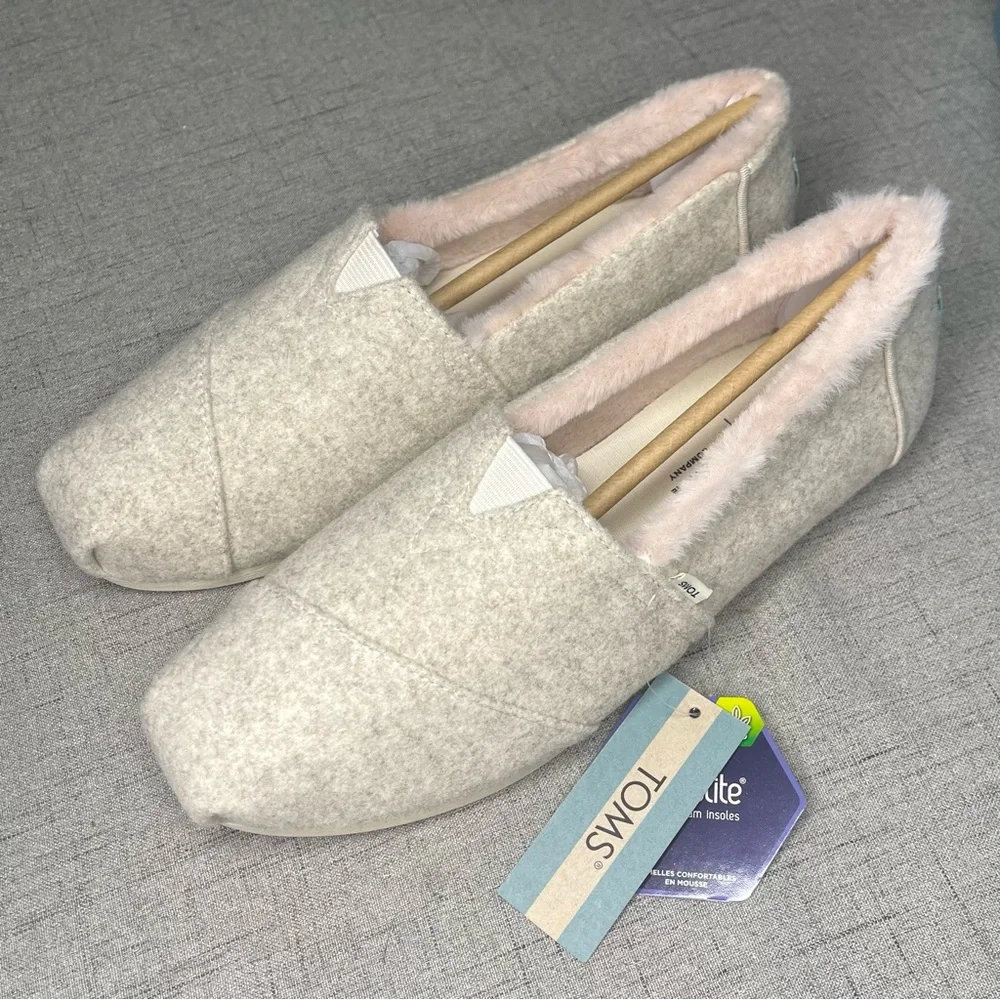 TOMS Alpargata Natural Felt Slipper Shoes with Pink Faux Fur Lining Nwt - Picture 6 of 11